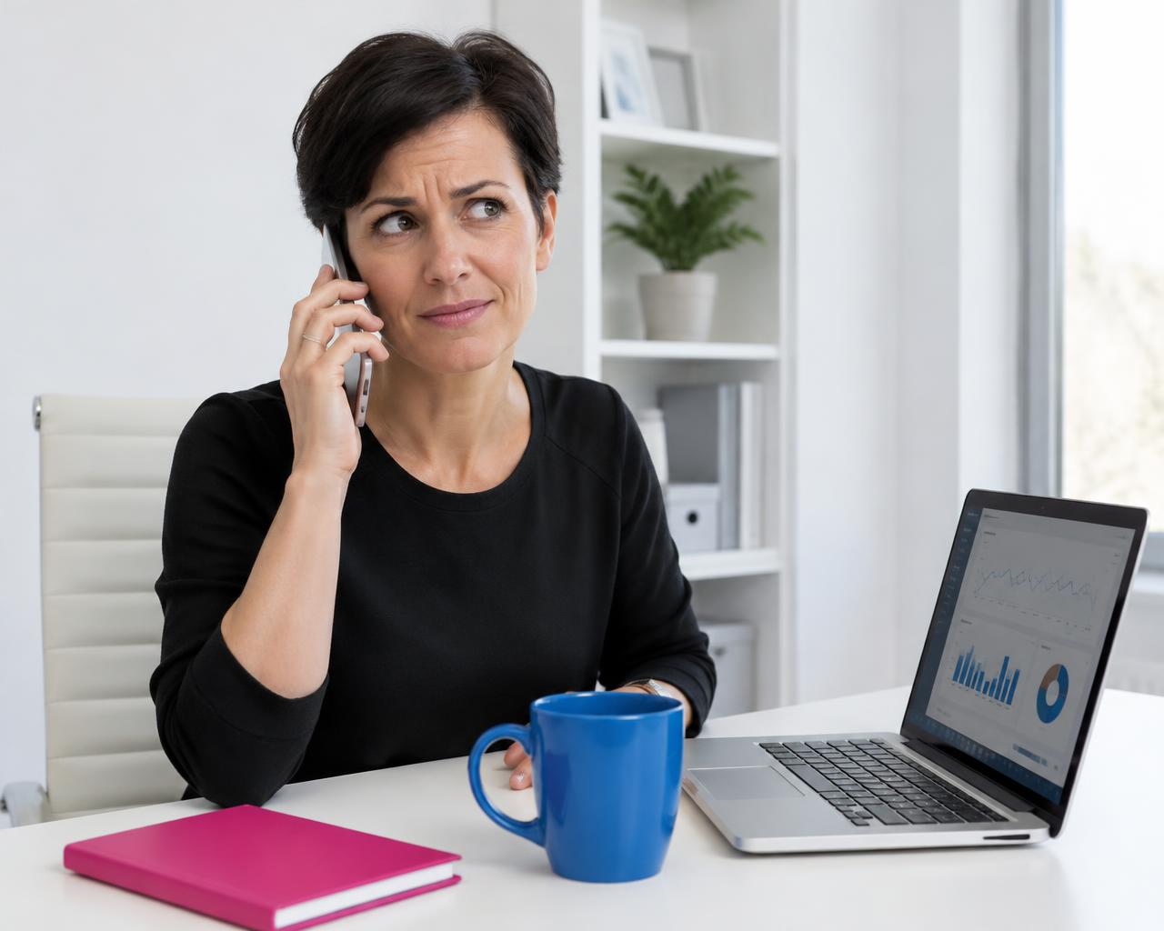 A business owner on the phone at her desk, looking unconvinced